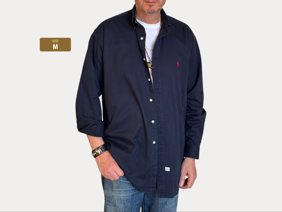 Ralph Lauren Shirt Medium Navy Cotton Twill Red Pony Logo Vintage