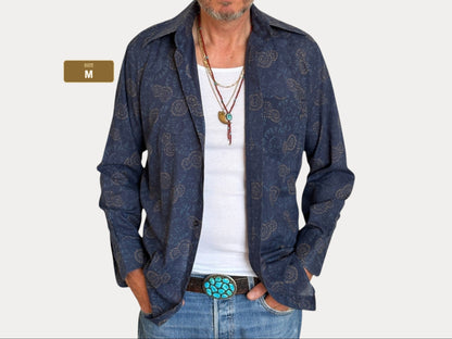 Size M. Vintage 70’s Blue Patterned Shirt – Long Sleeve – Retro Geometric Festival Shirt-AJ357 Studio
