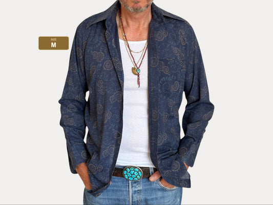 Size M. Vintage 70’s Blue Patterned Shirt – Long Sleeve – Retro Geometric Festival Shirt