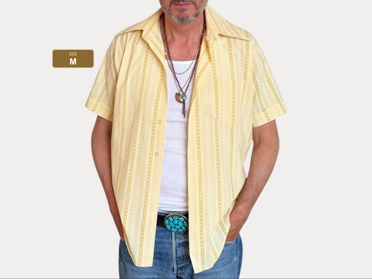 Size M. Vintage 70’s Yellow Striped Printed Shirt — Retro Casual Summer Shirt