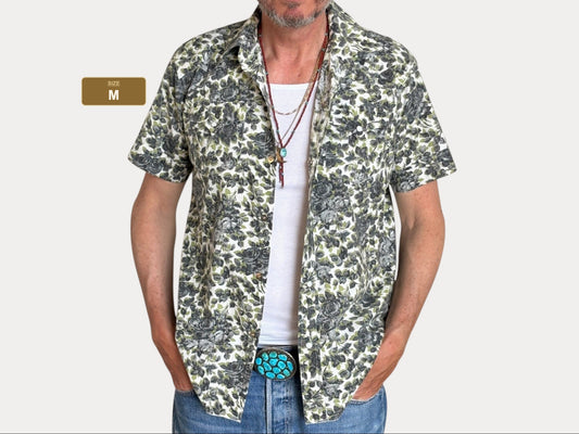 Talla M. Camisa vaquera ranchera californiana auténtica de los años 70, estilo H bar C, con estampado vintage.