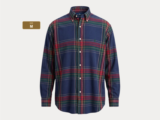 Ralph Lauren Button-Down Shirt Medium | Navy Red Tartan Plaid Cotton | Mens Classic Shirt