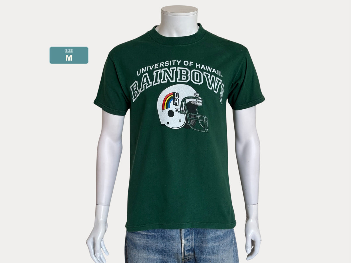 Vintage University of Hawaii Rainbows tee – bold NCAA football style with retro rainbow helmet graphic. Med-AJ357 Studio
