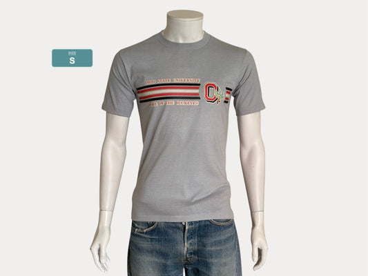 Vintage 80s Single Stitch Ohio State University tee – bold Buckeyes pride with classic athletic stripes. Small