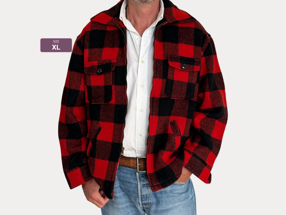 Vintage 1950s Utica N.Y. Wool Jacket Made in USA – Red Black Plaid Zip Workwear.