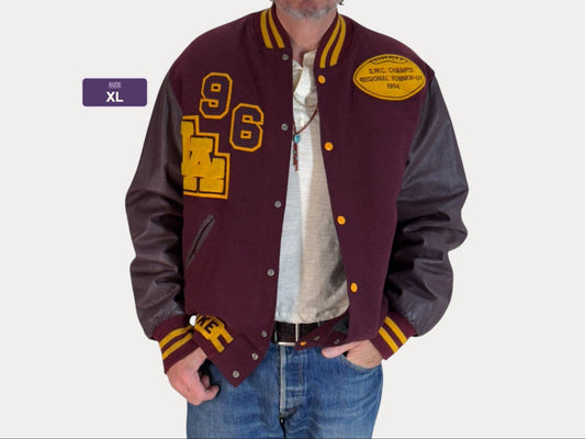 X Large. Vintage 90s Football Varsity wool and leather jacket Made in USA