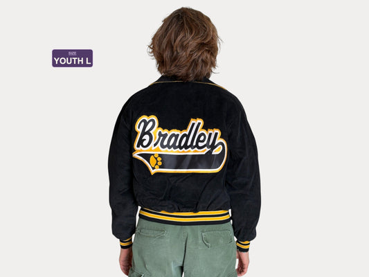Youth Large.  Black corduroy Vintage “Bradley” Varsity Jacket Made in USA