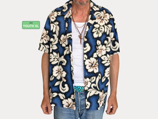 Size Youth XL  . Vintage 80s Hawaiian cotton shirt made by RJC