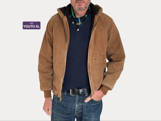 Vintage 90s Carhartt Hooded Jacket Made in Mexico –  Workwear Coat- Sz Youth XL