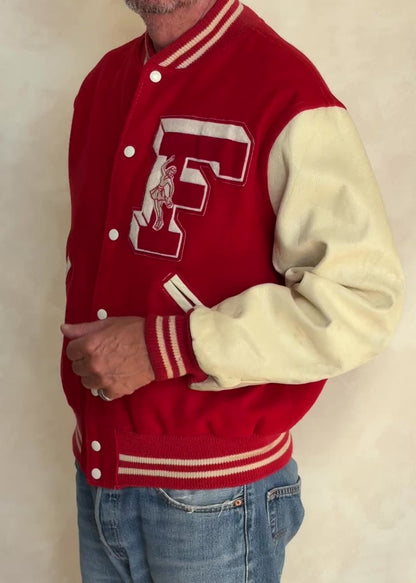 Vintage 70s Wool And Leather Varsity Jacket — Kaye Bros. Chicago — Chenille "F" Patch — Size 44