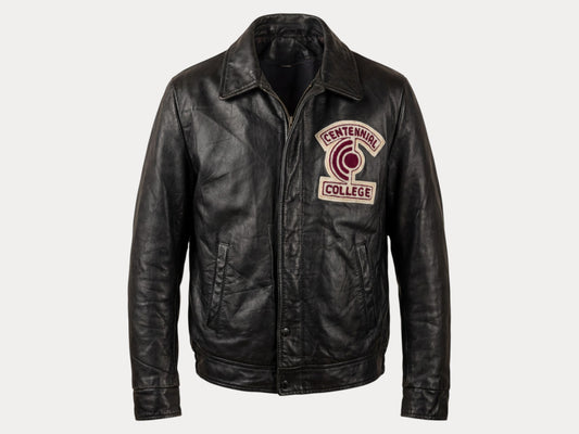 Vintage black 1970s Centennial College Leather Varsity Jacket – Designed in Canada, Size 40US / 50EU
