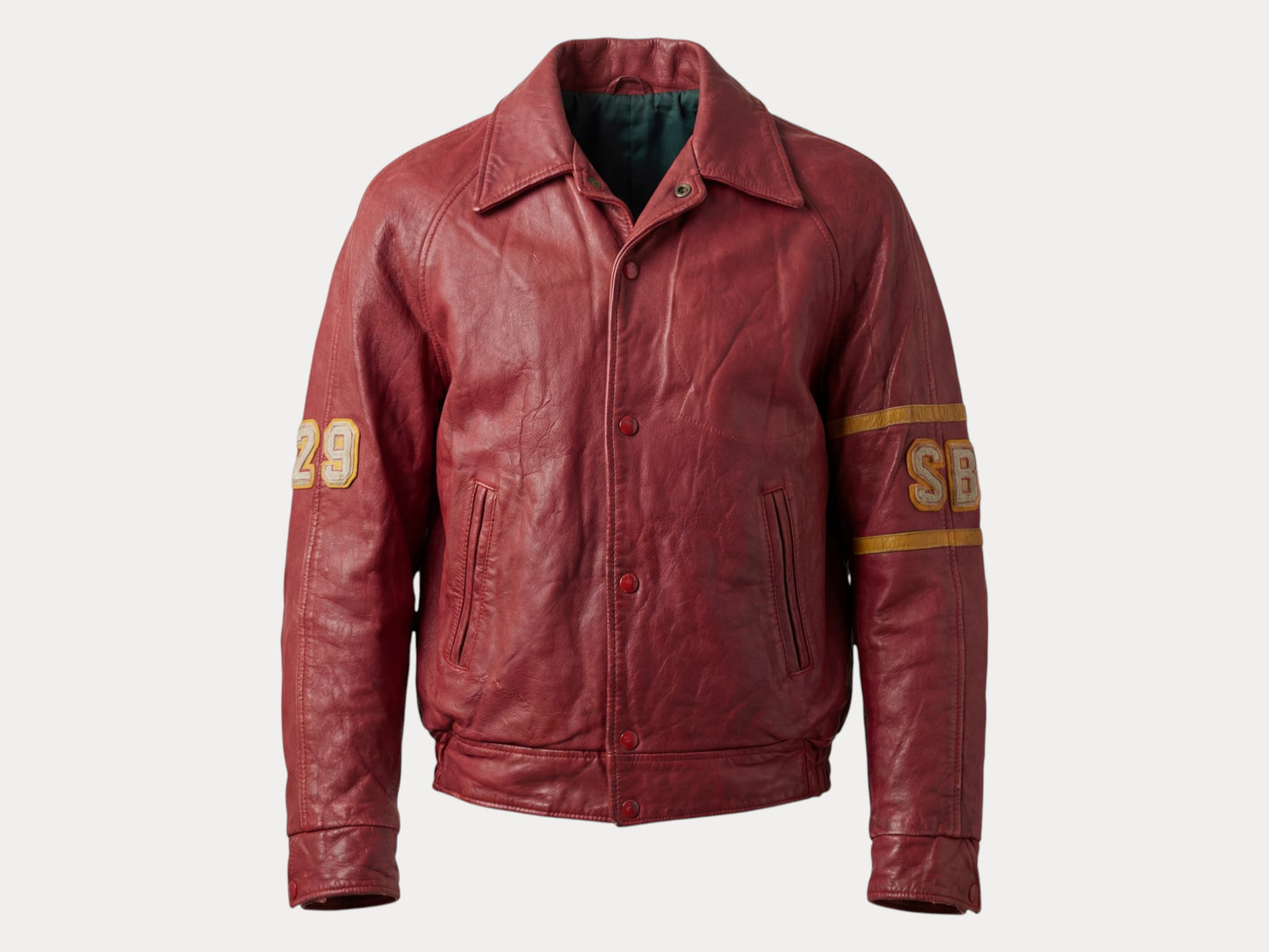 Size 38US / 48EU. Vintage 1970s Redmen Leather Varsity Jacket — St. Boniface College Style — Canadian Sports Team Bomber #29 SB Patch-AJ357 Studio-AJ357 Studio