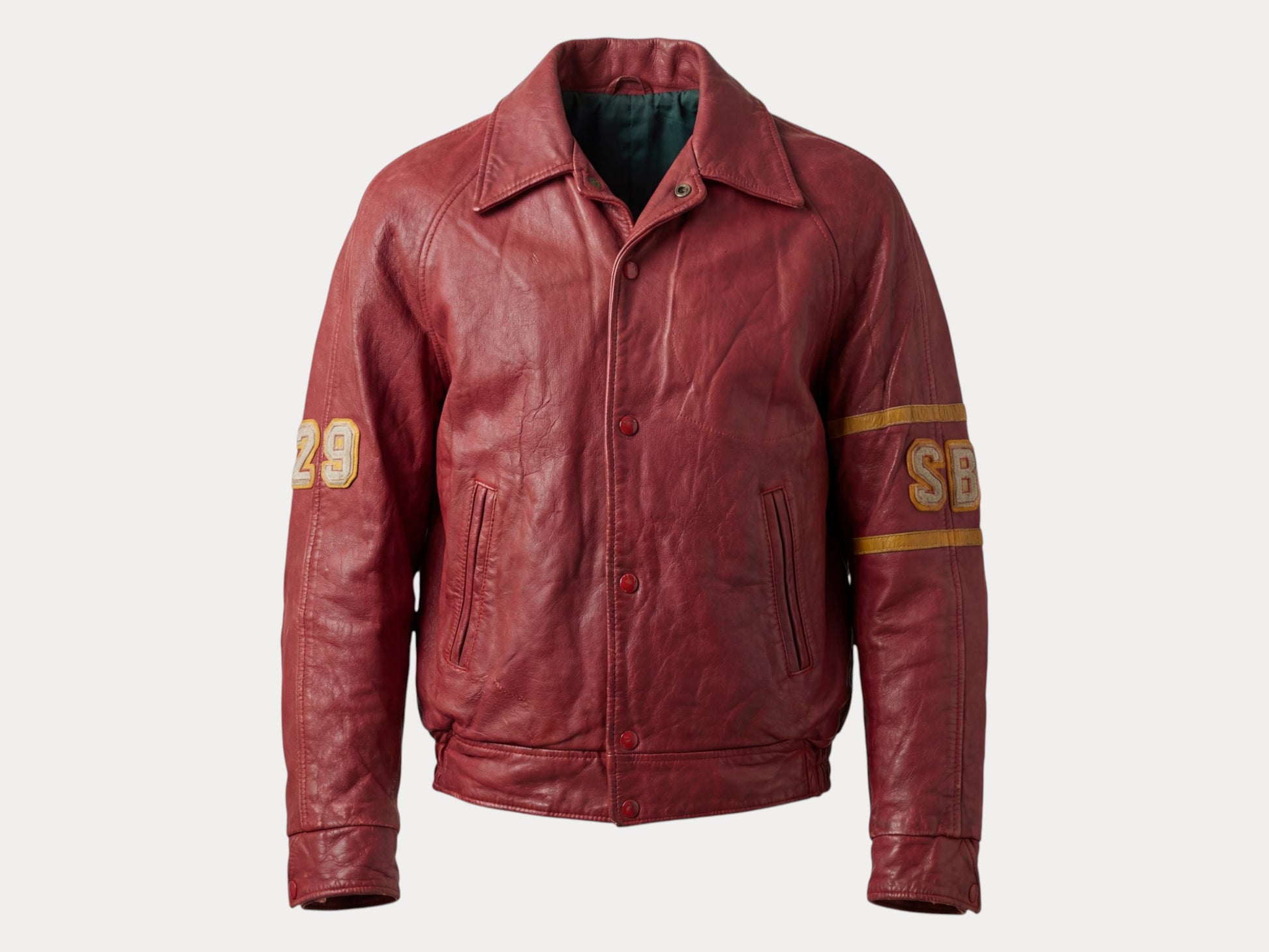 Size 38US / 48EU. Vintage 1970s Redmen Leather Varsity Jacket — St. Boniface College Style — Canadian Sports Team Bomber #29 SB Patch-AJ357 Studio-AJ357 Studio