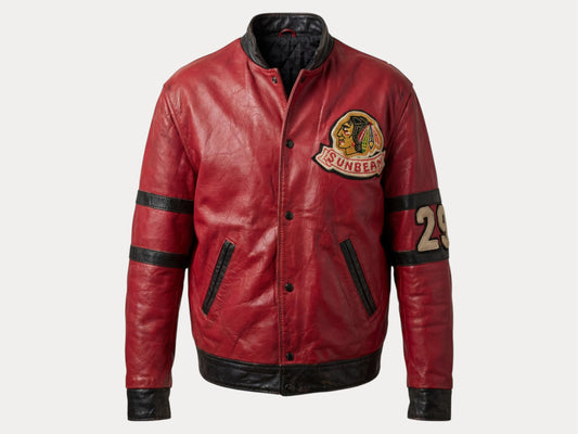 Size 42US / 52EU Vintage 1970s Sunbeam Varsity Leather Jacket — Red & Black Canadian Sports Bomber —