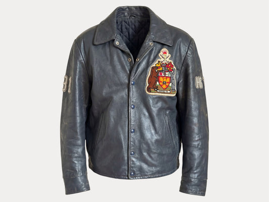 Size 48 US / 58 EU · Vintage 90s Leather College Jacket — Brock University Bomber Canadian Varsity