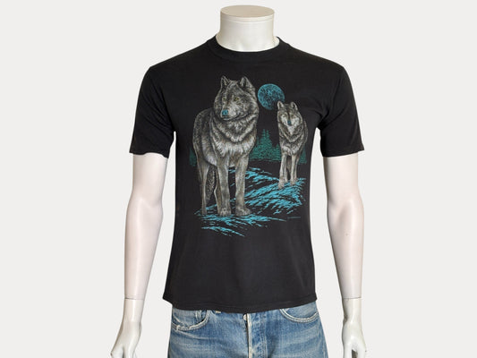 Authentic vintage 90s wolf t-shirt featuring a bold full moon nature scene. Small-AJ357 Studio-AJ357 Studio