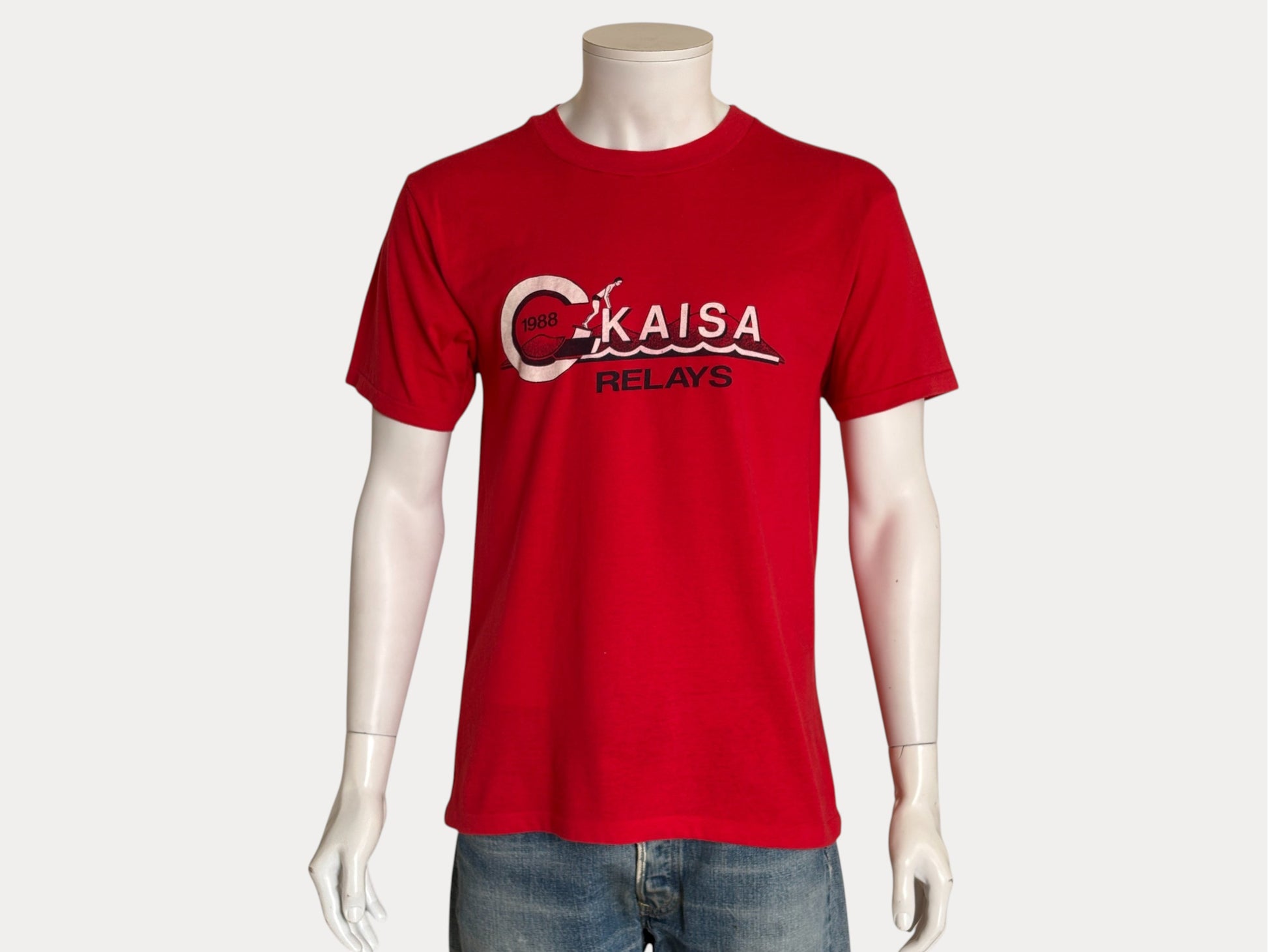 Vintage 1988 KAISA Relays tee – bold aquatic competition graphic with retro energy. Large-AJ357 Studio-AJ357 Studio