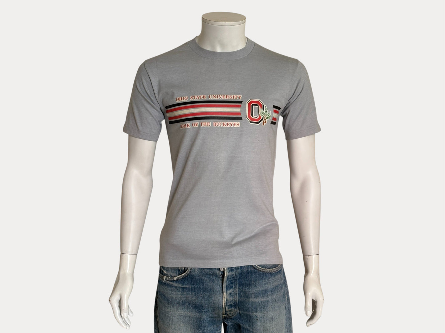 Vintage Ohio State University tee – bold Buckeyes pride with classic athletic stripes. Med-AJ357 Studio-AJ357 Studio