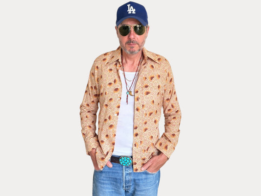 Size M. Vintage 70’s Shirt Fitted Long Sleeve floral and geometric Retro Summer Festival Shirt-AJ357 Studio-AJ357 Studio
