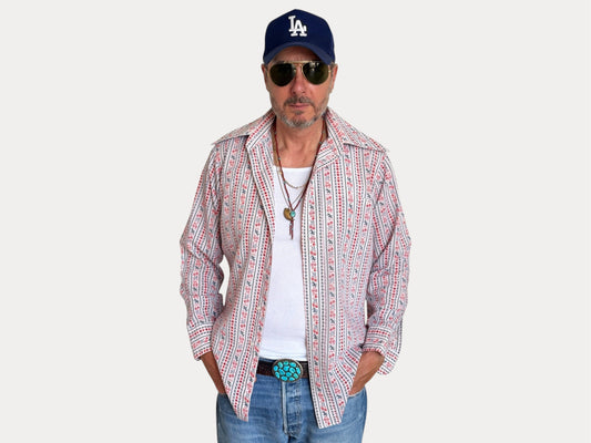 Size M. Vintage 70’s Shirt — Long Sleeve — Floral Love Print — Retro Summer Festival Shirt-AJ357 Studio-AJ357 Studio