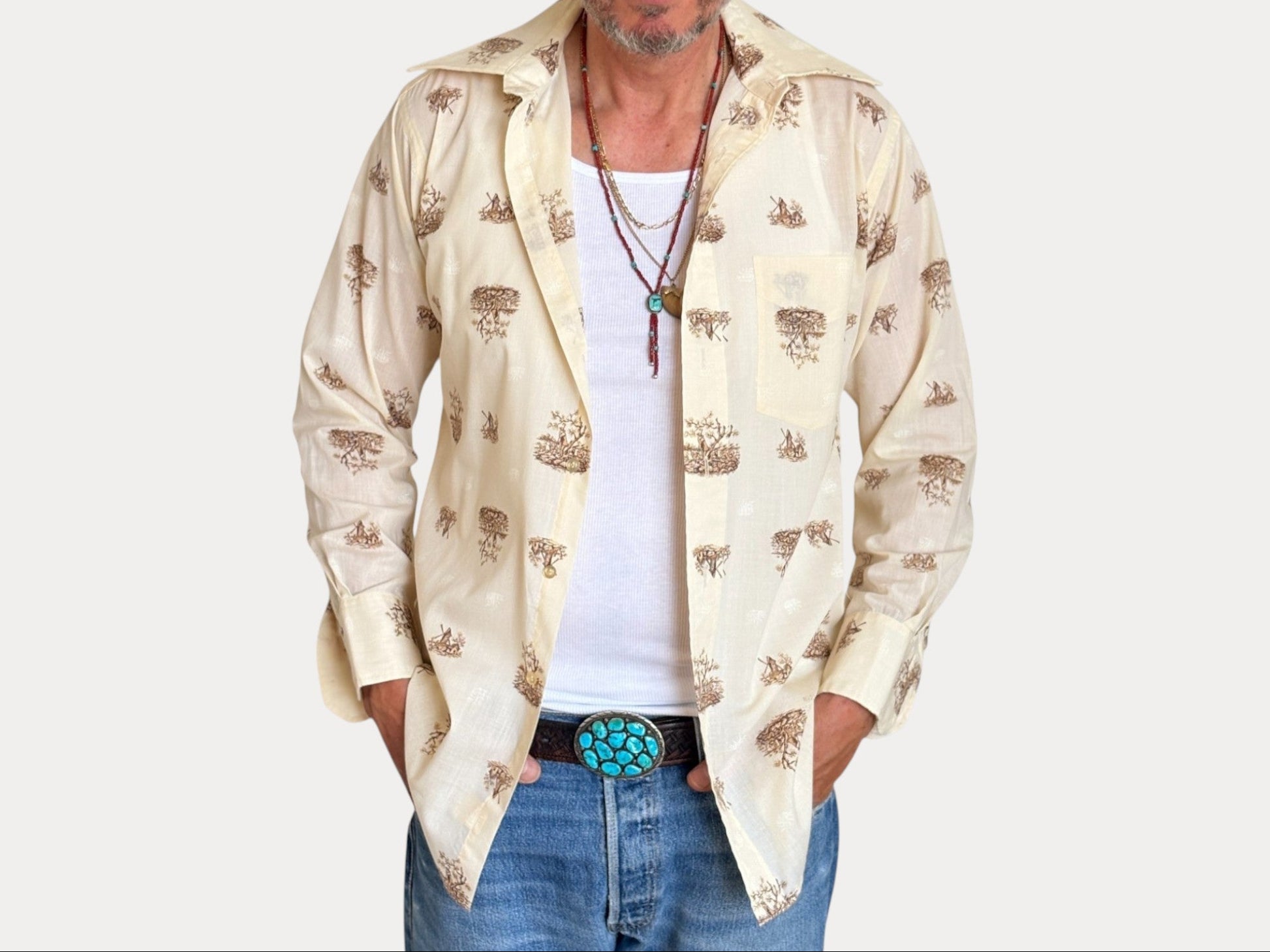 Size M. Vintage 70’s Shirt — Long Sleeve — Graphic Print —-AJ357 Studio-AJ357 Studio
