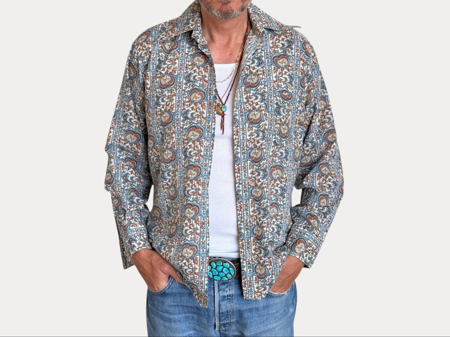 Size M. Vintage 70’s Long Sleeve Paisley Shirt — Bold Boho Retro Festival Shirt-AJ357 Studio-AJ357 Studio