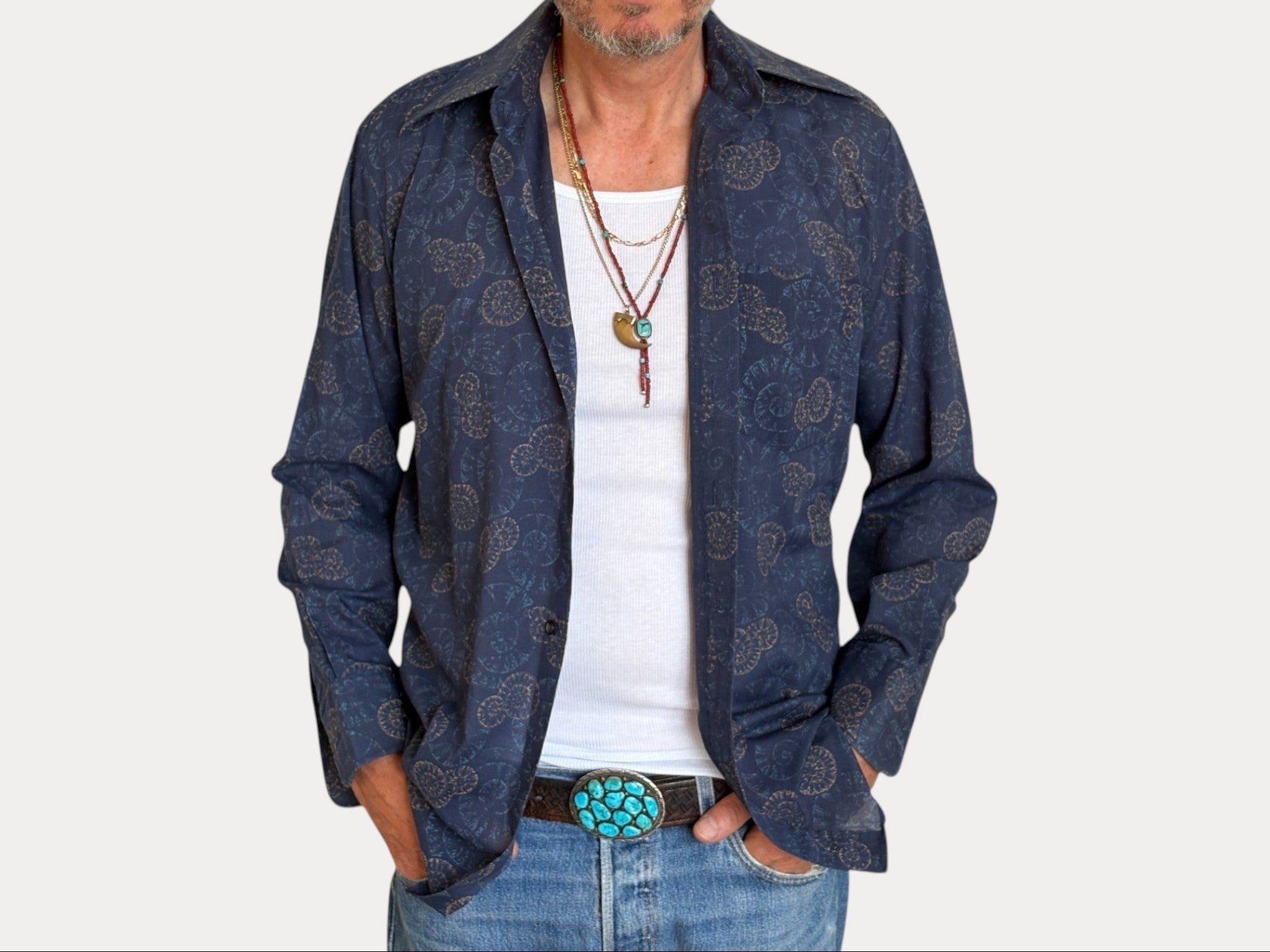 Size M. Vintage 70’s Blue Patterned Shirt – Long Sleeve – Retro Geometric Festival Shirt-AJ357 Studio-AJ357 Studio