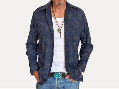 Size M. Vintage 70’s Blue Patterned Shirt – Long Sleeve – Retro Geometric Festival Shirt-AJ357 Studio-AJ357 Studio