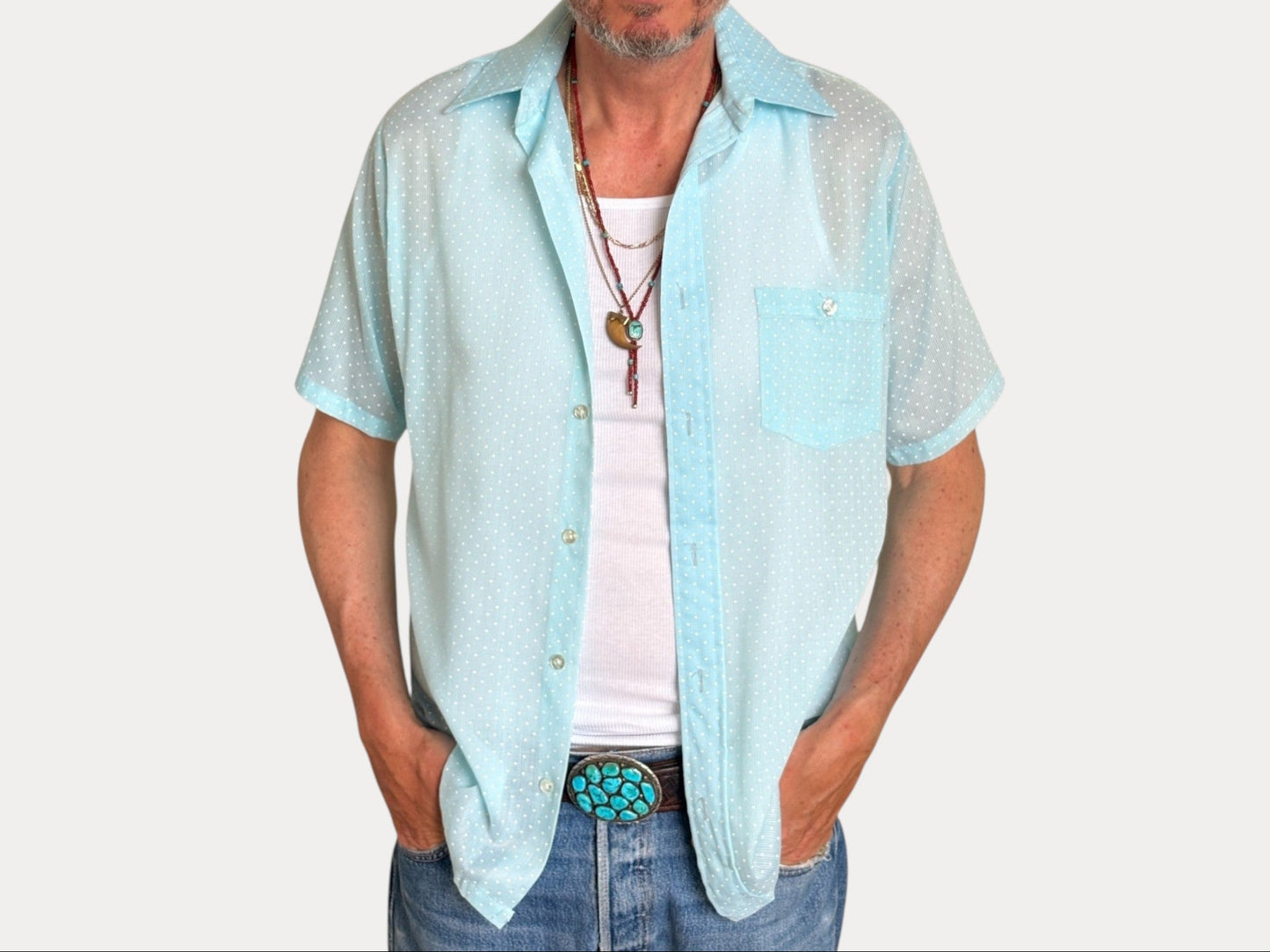 Size M. Vintage 80’s Light Blue Printed Shirt — Casual Retro Summer Shirt-AJ357 Studio-AJ357 Studio