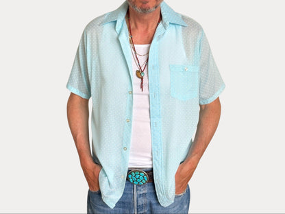 Size M. Vintage 80’s Light Blue Printed Shirt — Casual Retro Summer Shirt-AJ357 Studio-AJ357 Studio
