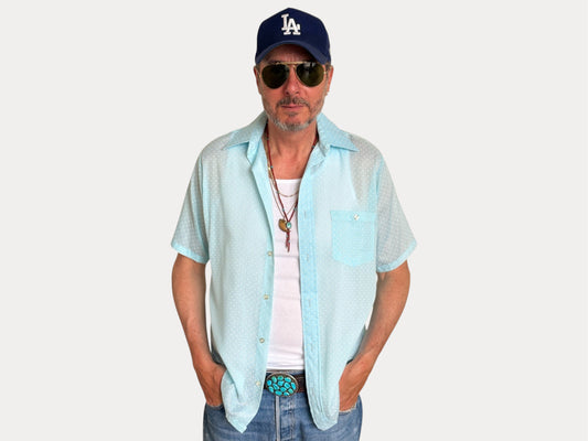 Size M. Vintage 80’s Light Blue Printed Shirt — Casual Retro Summer Shirt-AJ357 Studio-AJ357 Studio