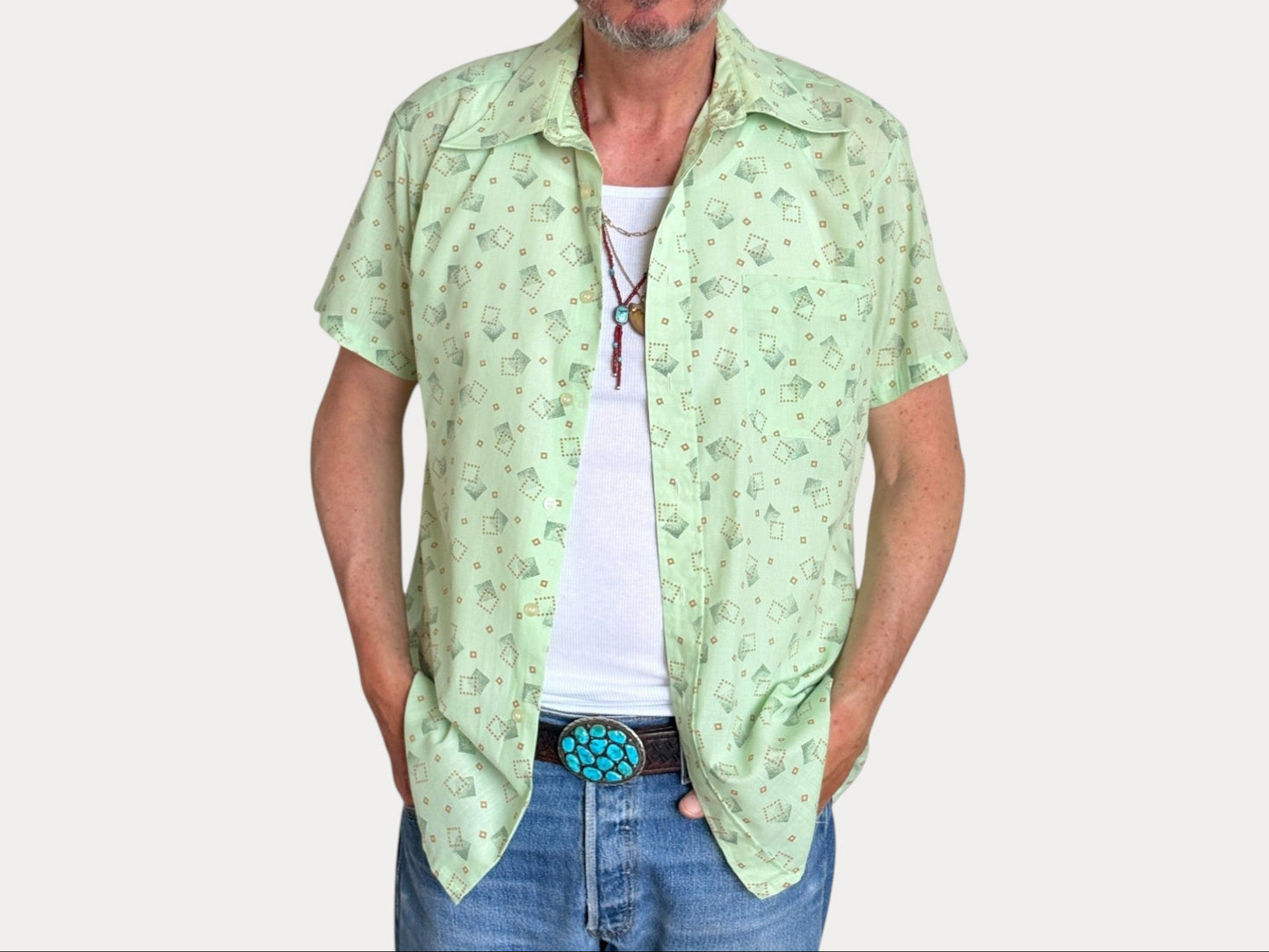 Size M. Vintage 70’s Grand Prix Shirt — Light Green Printed Casual Shirt — Summer Retro Look-AJ357 Studio-AJ357 Studio