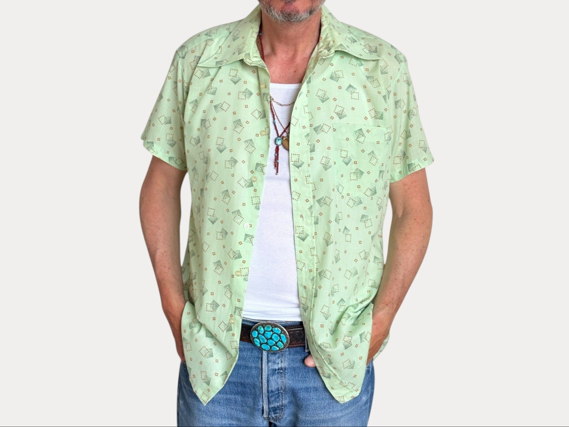 Size M. Vintage 70’s Grand Prix Shirt — Light Green Printed Casual Shirt — Summer Retro Look-AJ357 Studio-AJ357 Studio