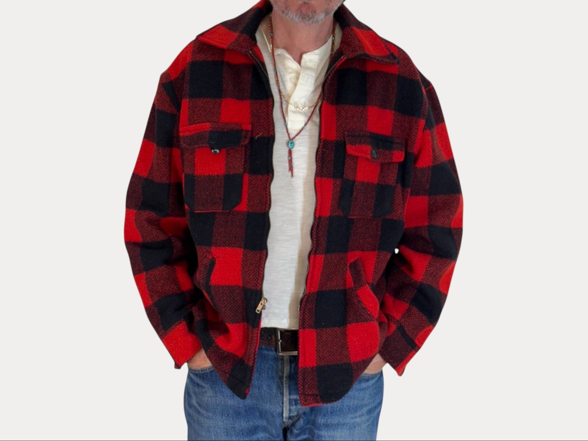 Size Large. Vintage 50s Utica N.Y. Wool Jacket – Red & Black – Zipper. Made in USA-AJ357 Studio-AJ357 Studio