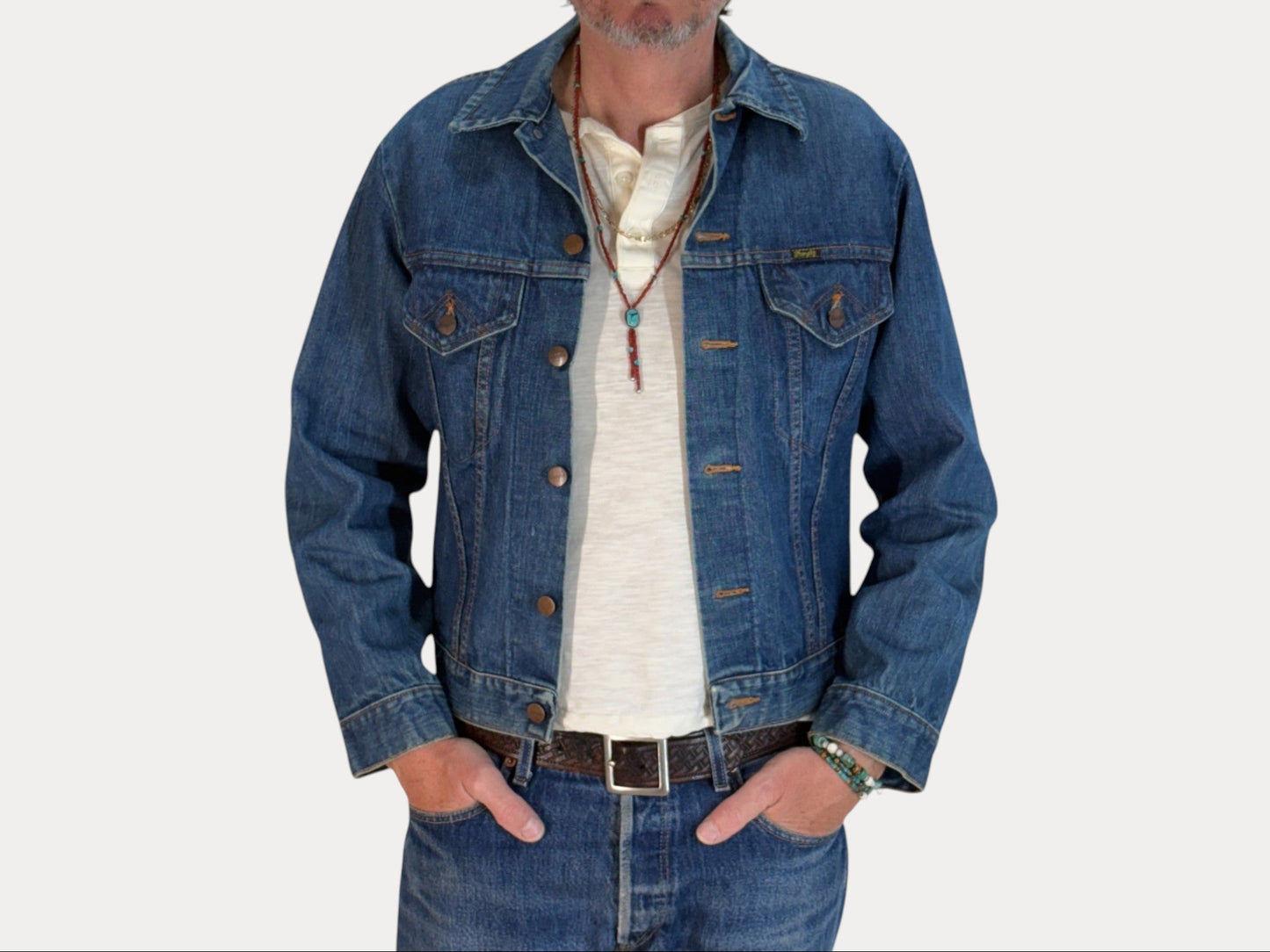 Size 38US / 48EU. Original 70s Wrangler denim jacket with painted back – Made in the USA-AJ357 Studio-AJ357 Studio