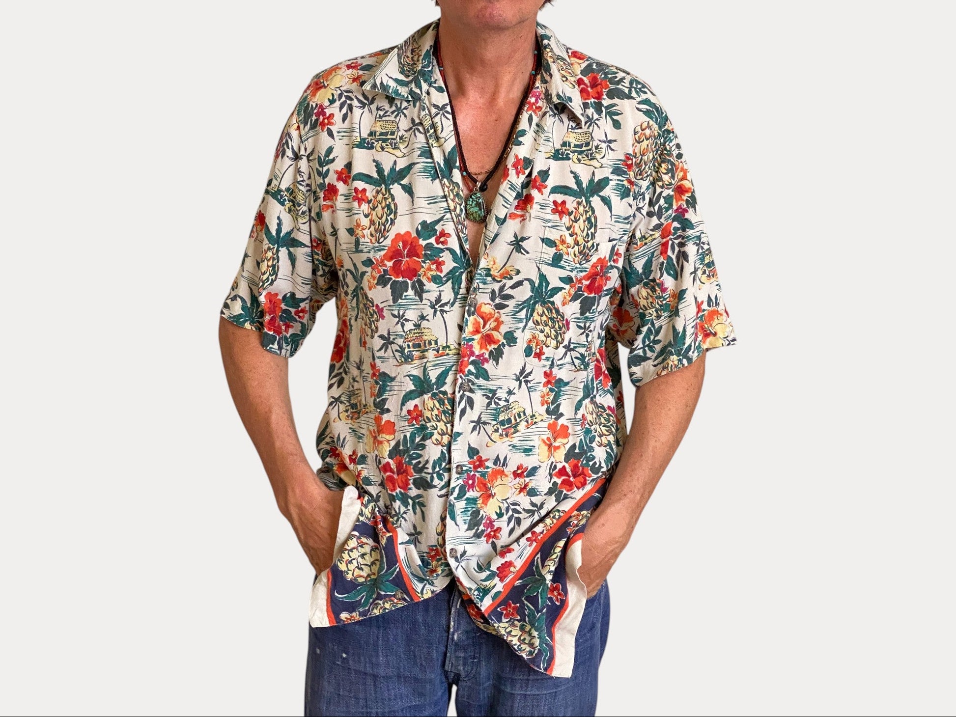 Size Large Long. Vintage 90s Rayon Hawaiian shirt-AJ357 Studio-AJ357 Studio