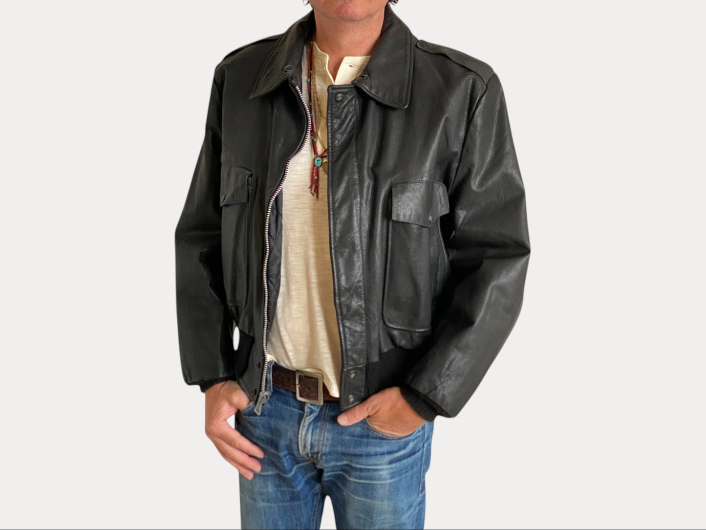 Size XL. Vintage Black leather bomber Flight Jacket Aviator-AJ357 Studio-AJ357 Studio