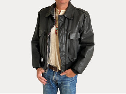 Size XL. Vintage Black leather bomber Flight Jacket Aviator-AJ357 Studio-AJ357 Studio