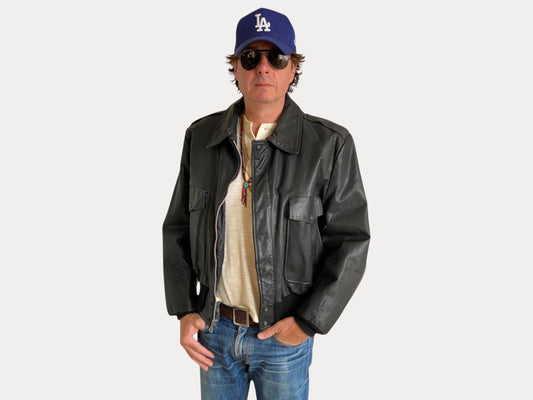 Size XL. Vintage Black leather bomber Flight Jacket Aviator-AJ357 Studio-AJ357 Studio