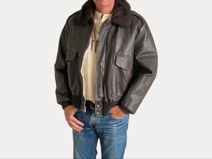 Size Large. Vintage Aviator Flight Jacket – Classic Leather Bomber-Made in USA-AJ357 Studio-AJ357 Studio