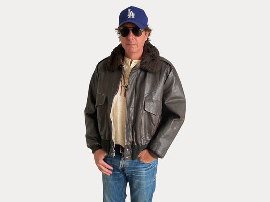 Size Large. Vintage Aviator Flight Jacket – Classic Leather Bomber-Made in USA-AJ357 Studio-AJ357 Studio