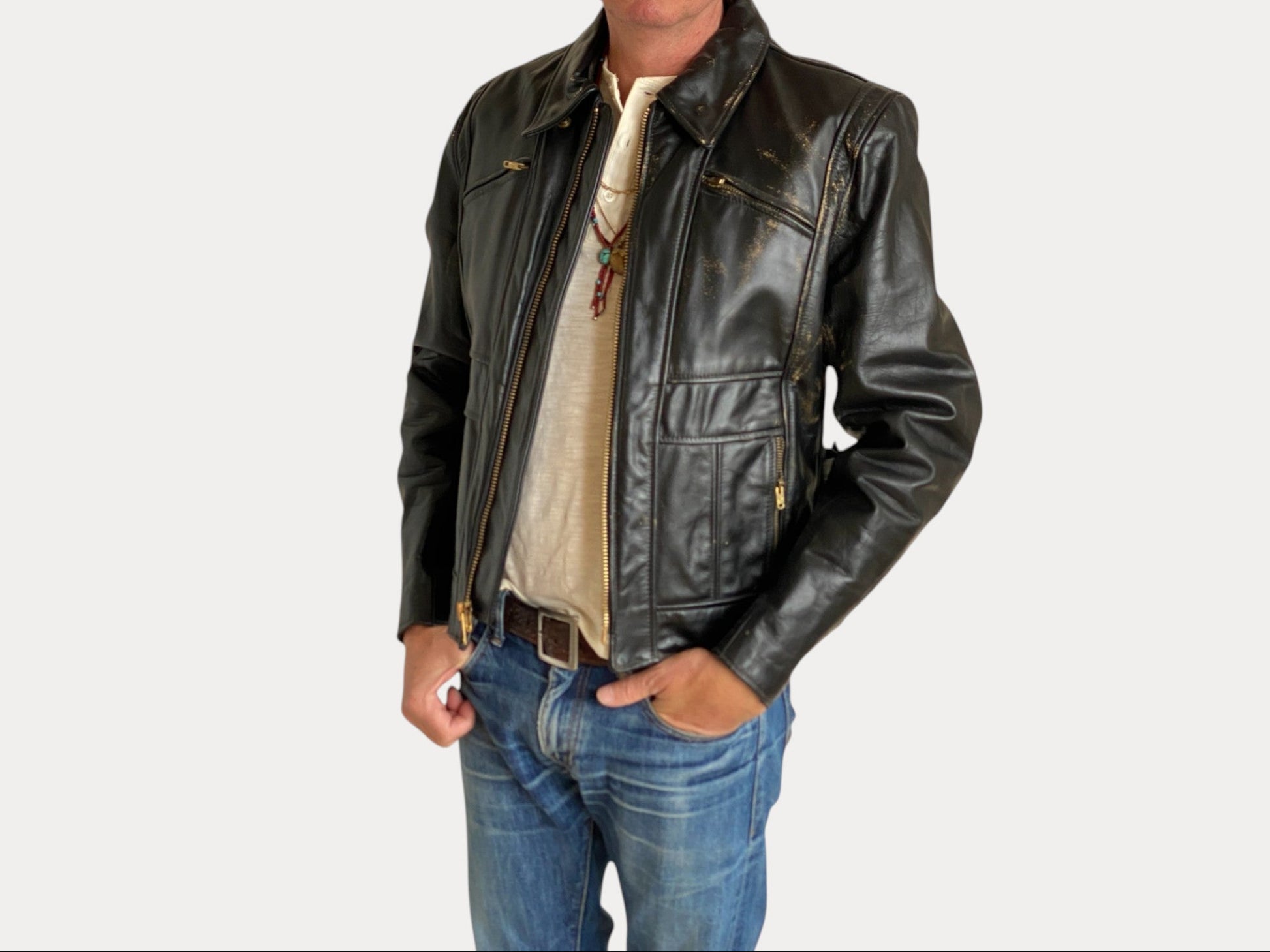 Vintage 70s Heavy Leather Motorcycle Jacket - Size 44 US (54 EU) | USA Vintage BCN-AJ357 Studio-AJ357 Studio