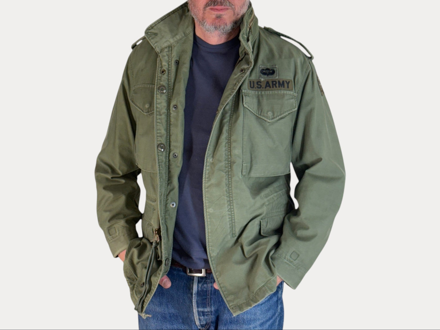Chaqueta de campaña M-65, pequeña, de la 82.ª División Aerotransportada del ejército estadounidense. Militar.
