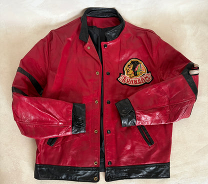 Size 42US / 52EU Vintage 1970s Sunbeam Varsity Leather Jacket — Red & Black Canadian Sports Bomber —-AJ357 Studio