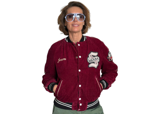 Size 34US / 44EU. Corduroy 70s varsity hockey jacket Made in Canada - USA Vintage Bcn