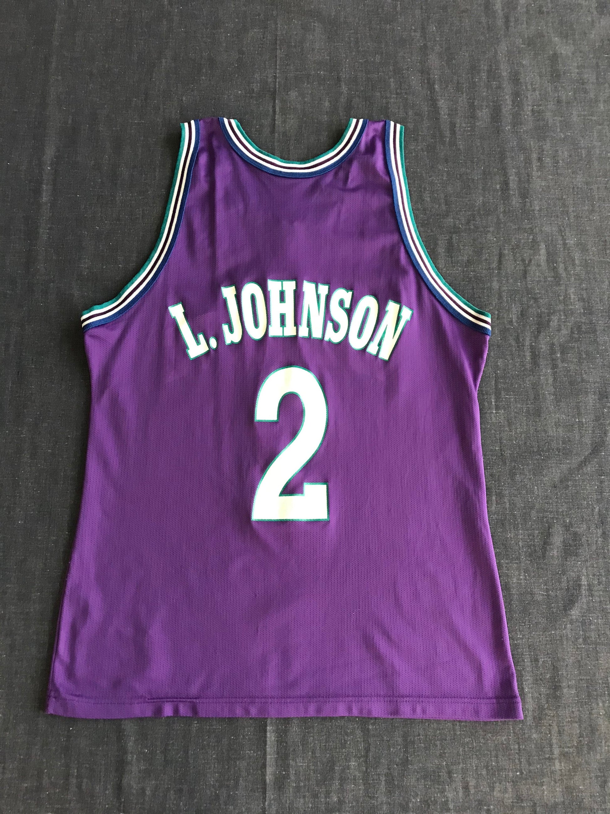 Rare Vintage Champion NBA Charlotte Hornets L. Johnson #2 Basketball Jersey with Iron-On NBA Logo