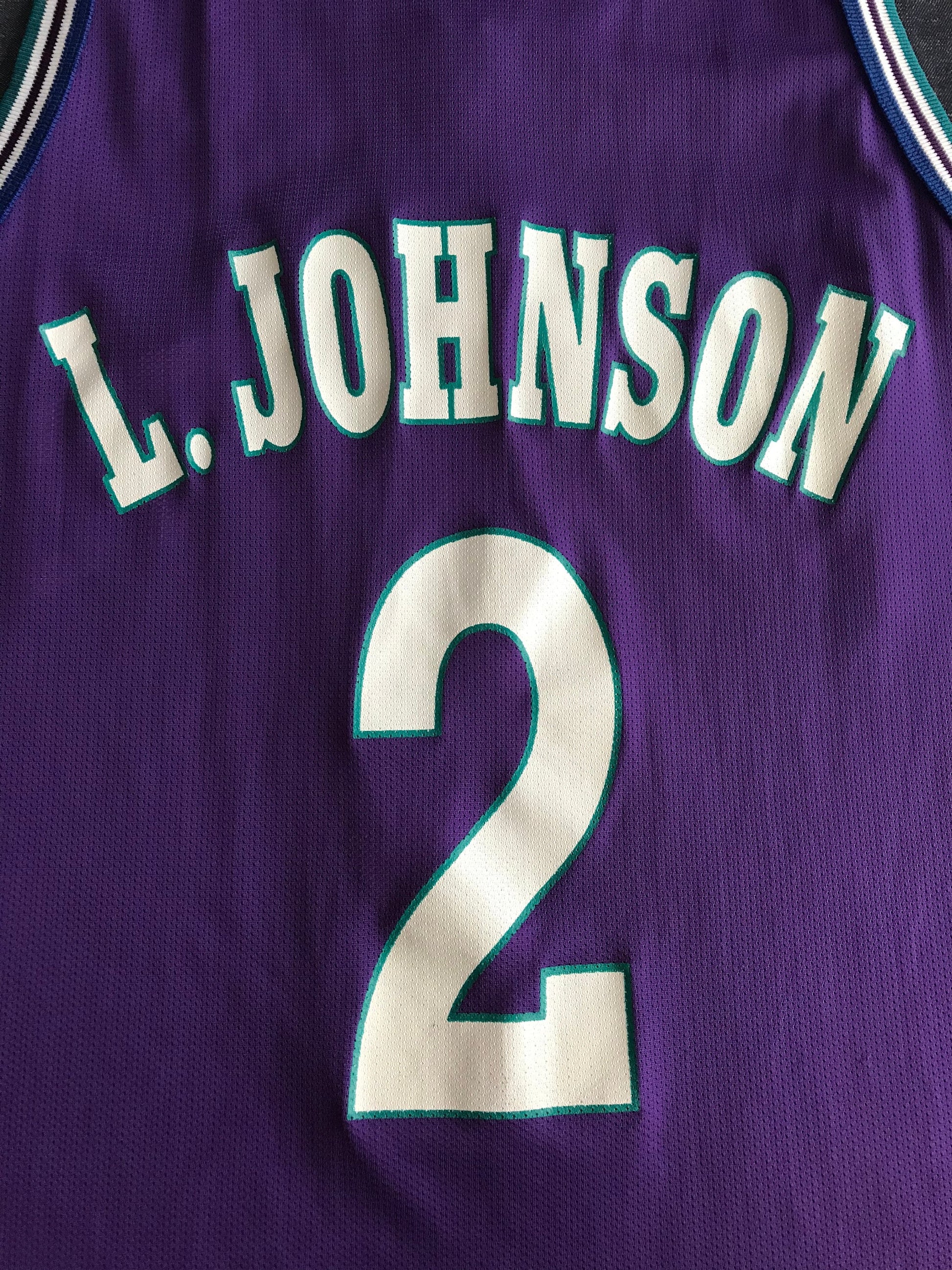 Rare Vintage Champion NBA Charlotte Hornets L. Johnson #2 Basketball Jersey with Iron-On NBA Logo