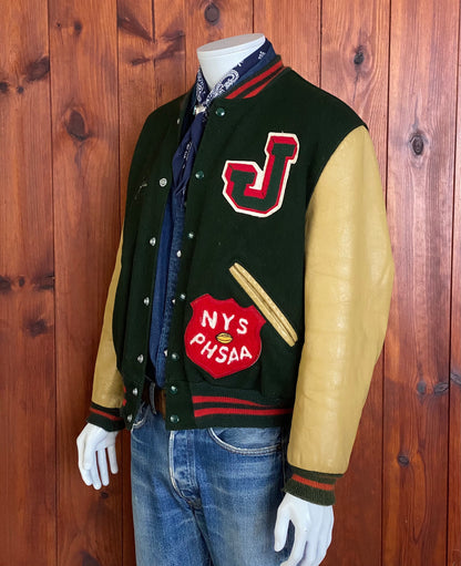 Size 44USA (54 EU) Vintage NYS PHSAA varsity letterman leather sleeve jacket-AJ357 Studio