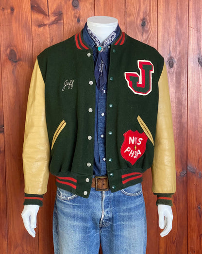 Size 44USA (54 EU) Vintage NYS PHSAA varsity letterman leather sleeve jacket-AJ357 Studio