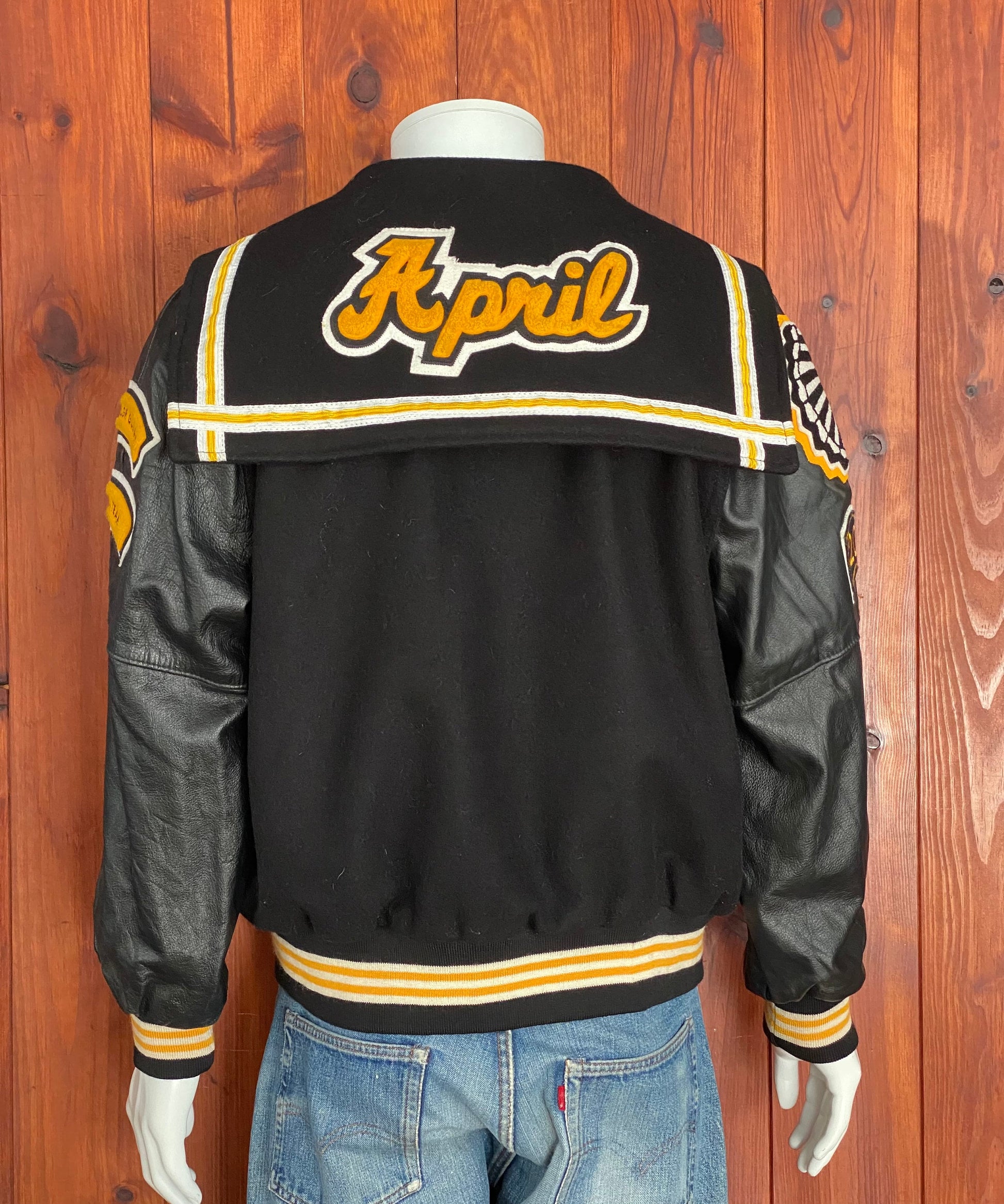 Vintage Holloway varsity jacket women XL black wool and leather made in USA AJ357 Studio